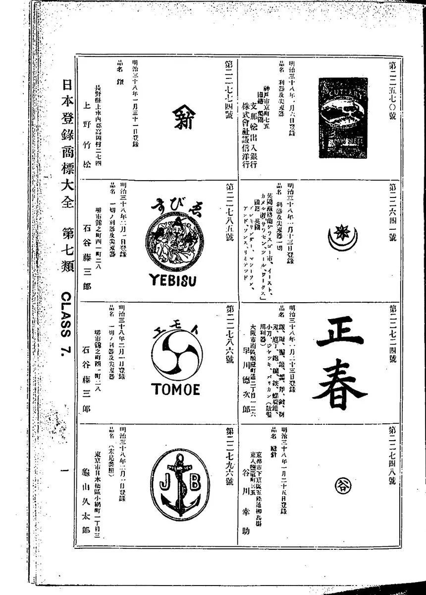 Page of registered edge-tool trademarks with their drawings, 1905